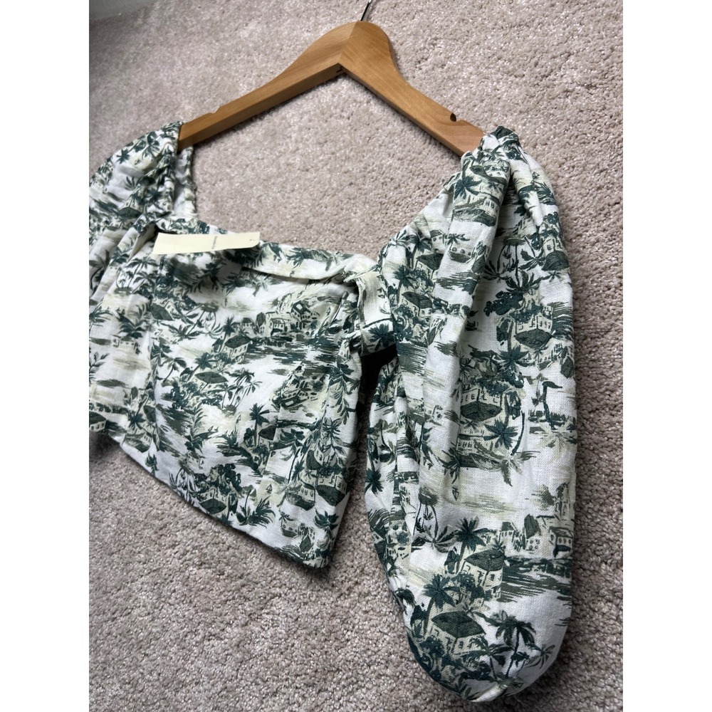 Abercrombie Fitch Smocked Square Neck Crop Top NWT Puff Sleeve Linen Tropical XS - Picture 4 of 10